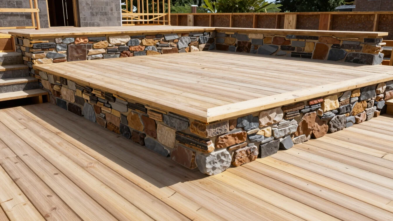 Wide shot of custom outdoor stonework and timber deck construction under bright sunlight