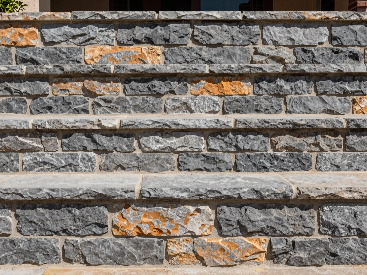 Straight-on architectural photograph of a custom stone retaining