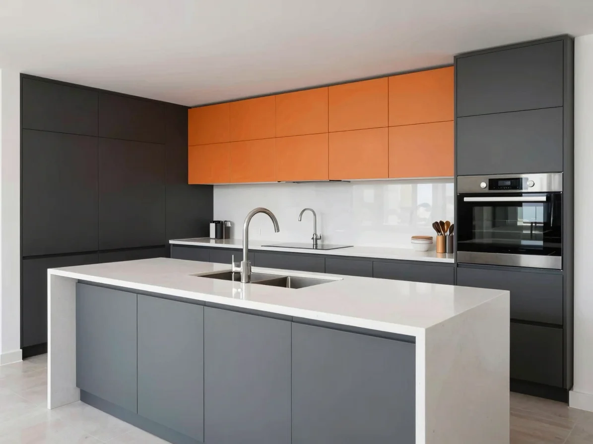 Clean soft light on a modern kitchen island with white quartz cou