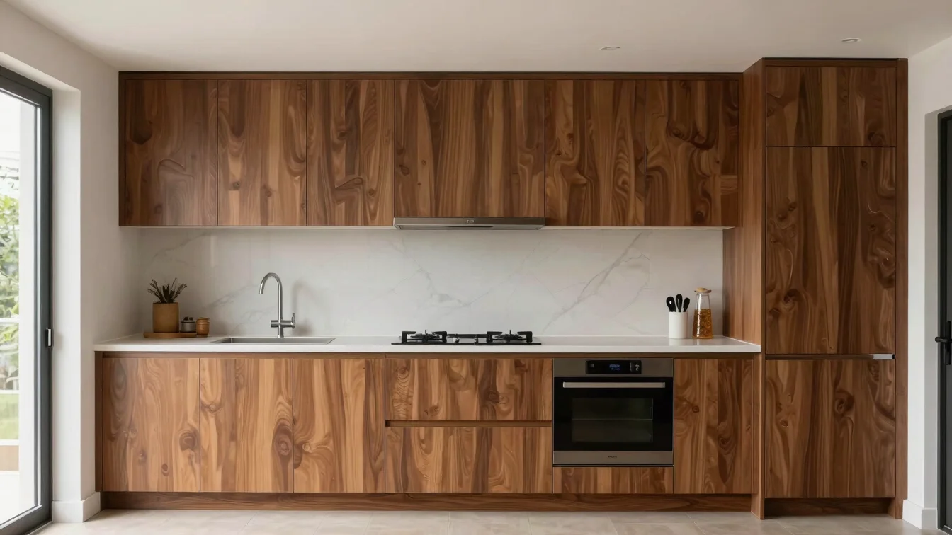 Clean architectural photo of a renovated residential kitchen interior with precise finish details