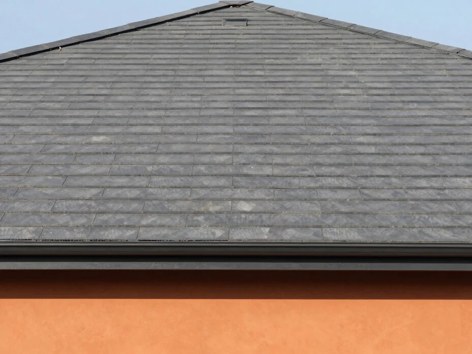 Straight-on architectural photograph of a crisp new roofline on a