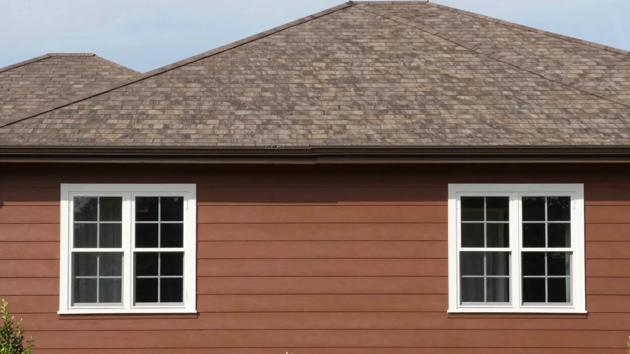 Crisp wide photo of freshly painted exterior home facade with modern clean roof finish