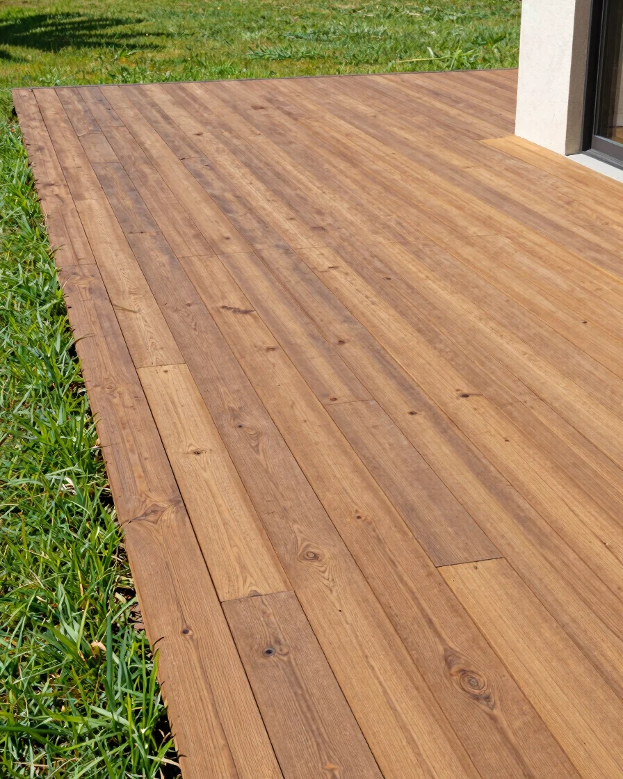 Crisp wide architectural shot of a newly constructed modern wood