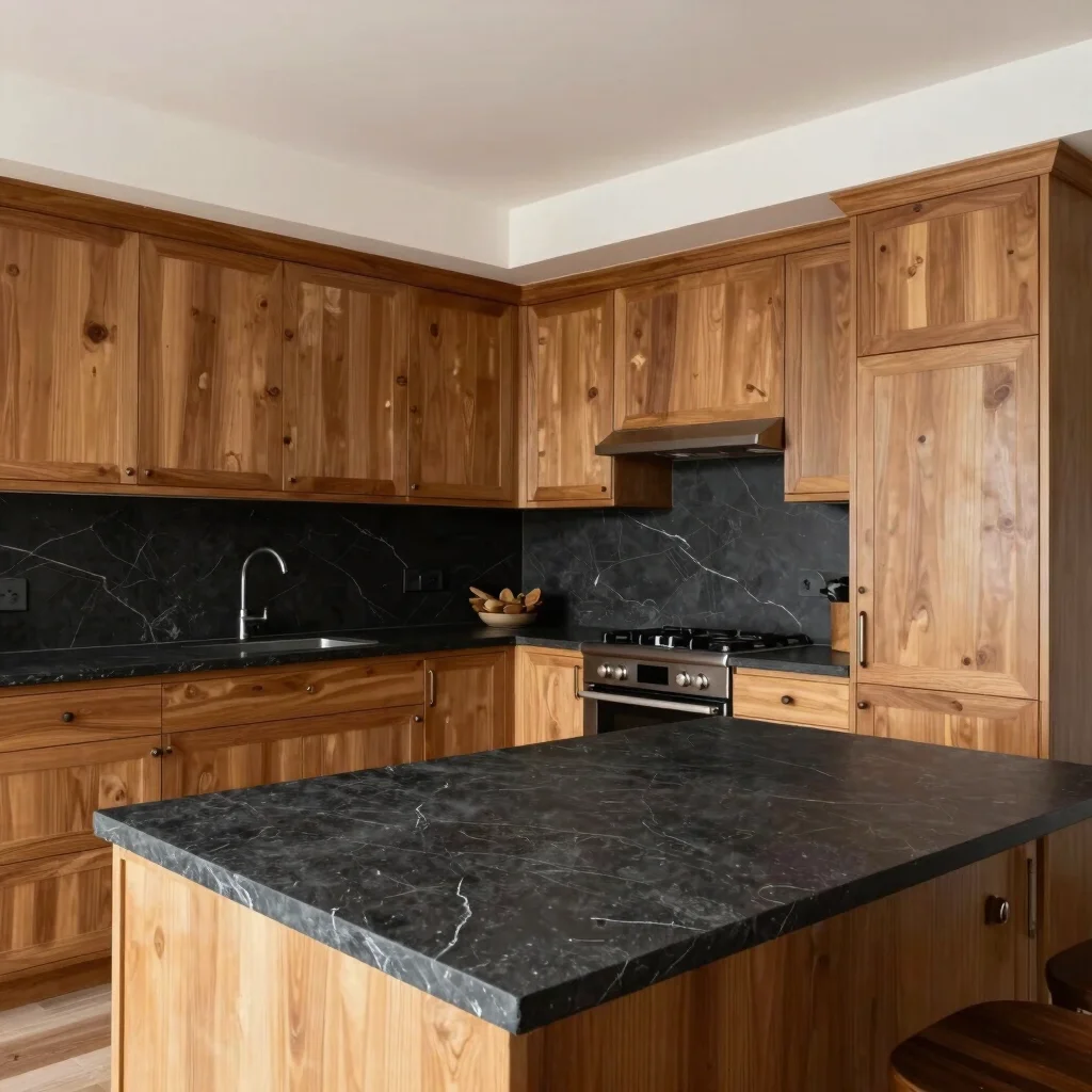 Detailed wide shot of a newly remodeled kitchen with dark slate c
