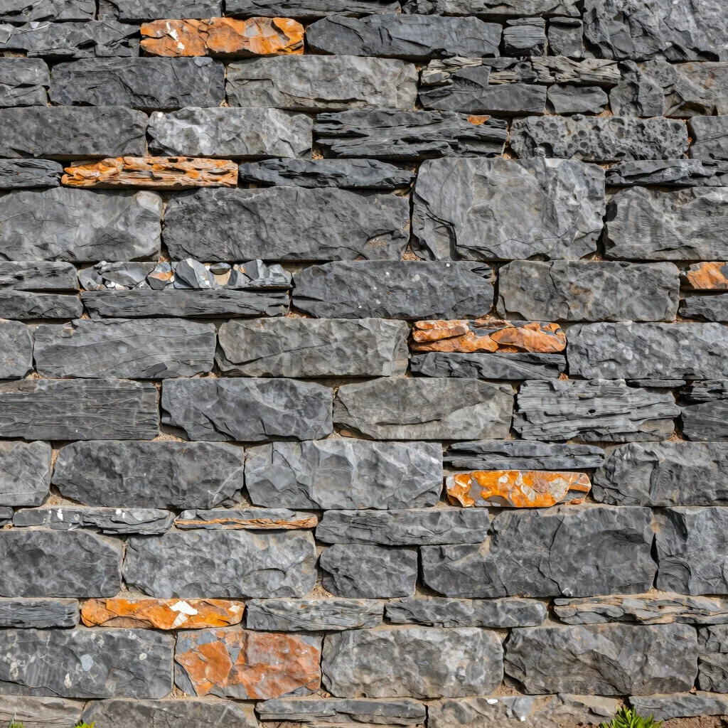 Close-up of dry-stacked natural stone wall, showing texture and p