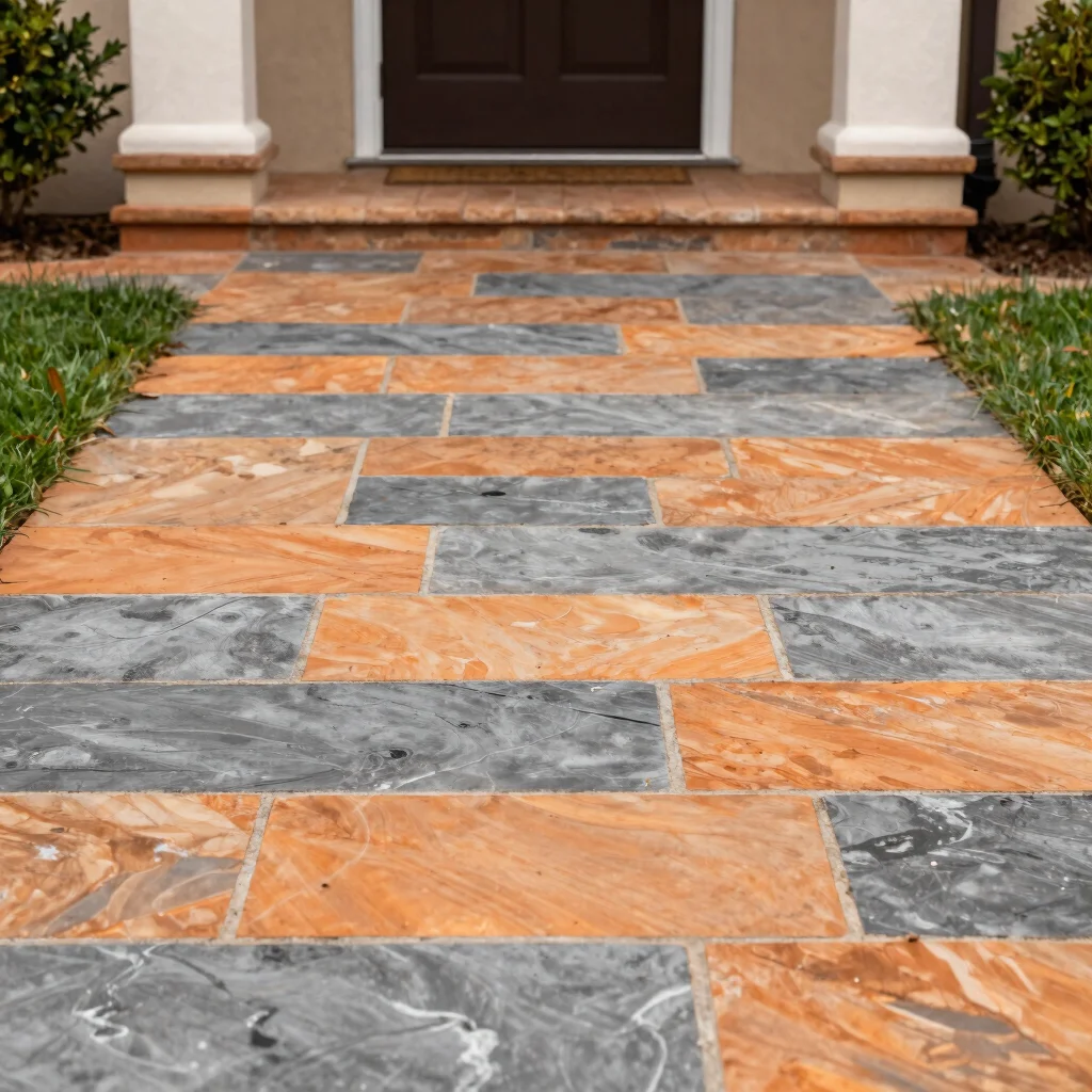 Detail of a stone pathway leading to a home entrance, highlightin