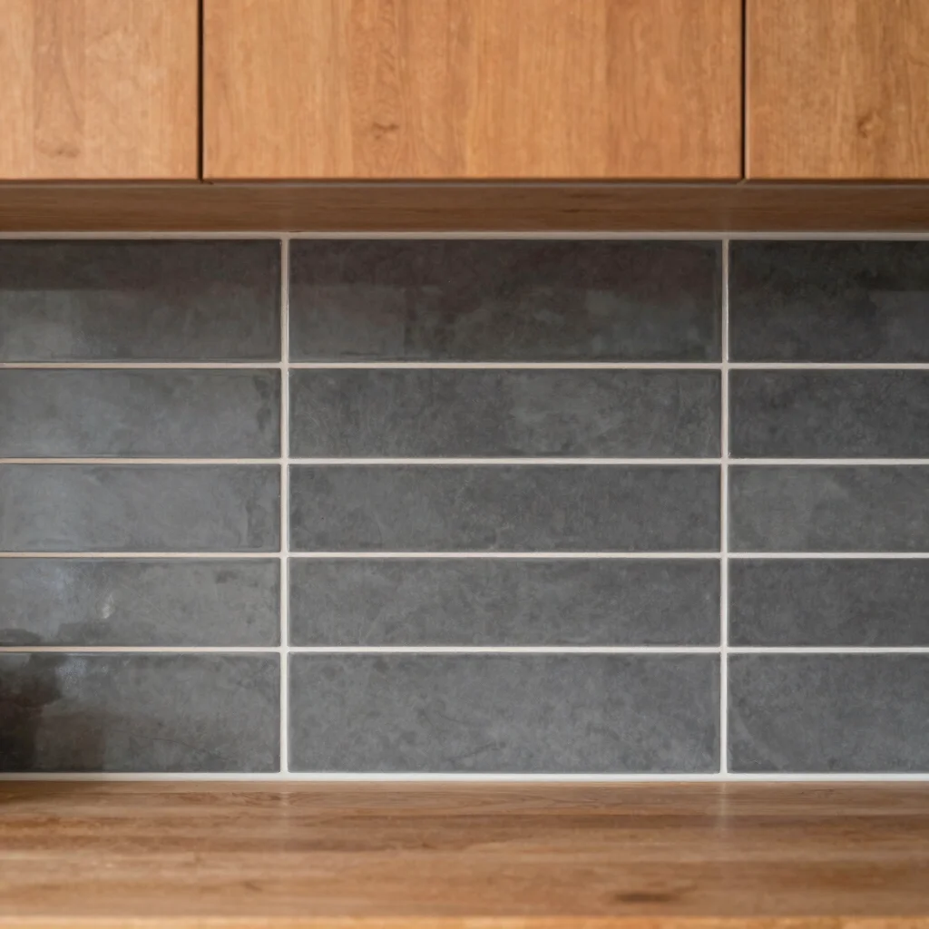 Detail shot of a newly installed tile backsplash in a modern kitc