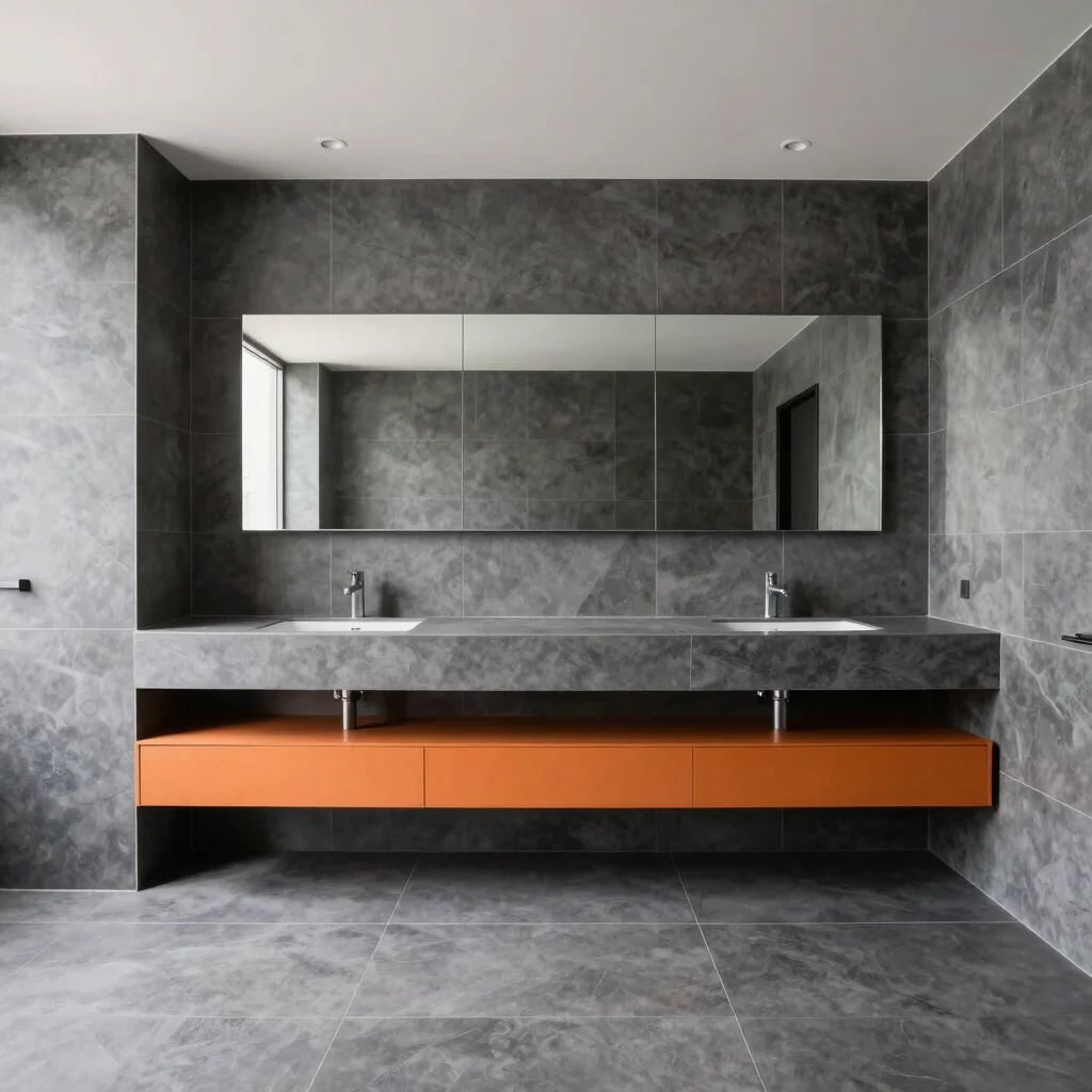 Panoramic view of a minimalist bathroom with a floating vanity an
