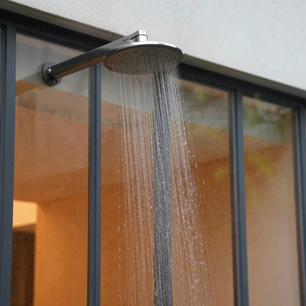 Close-up of a rainfall showerhead and seamless glass enclosure, h