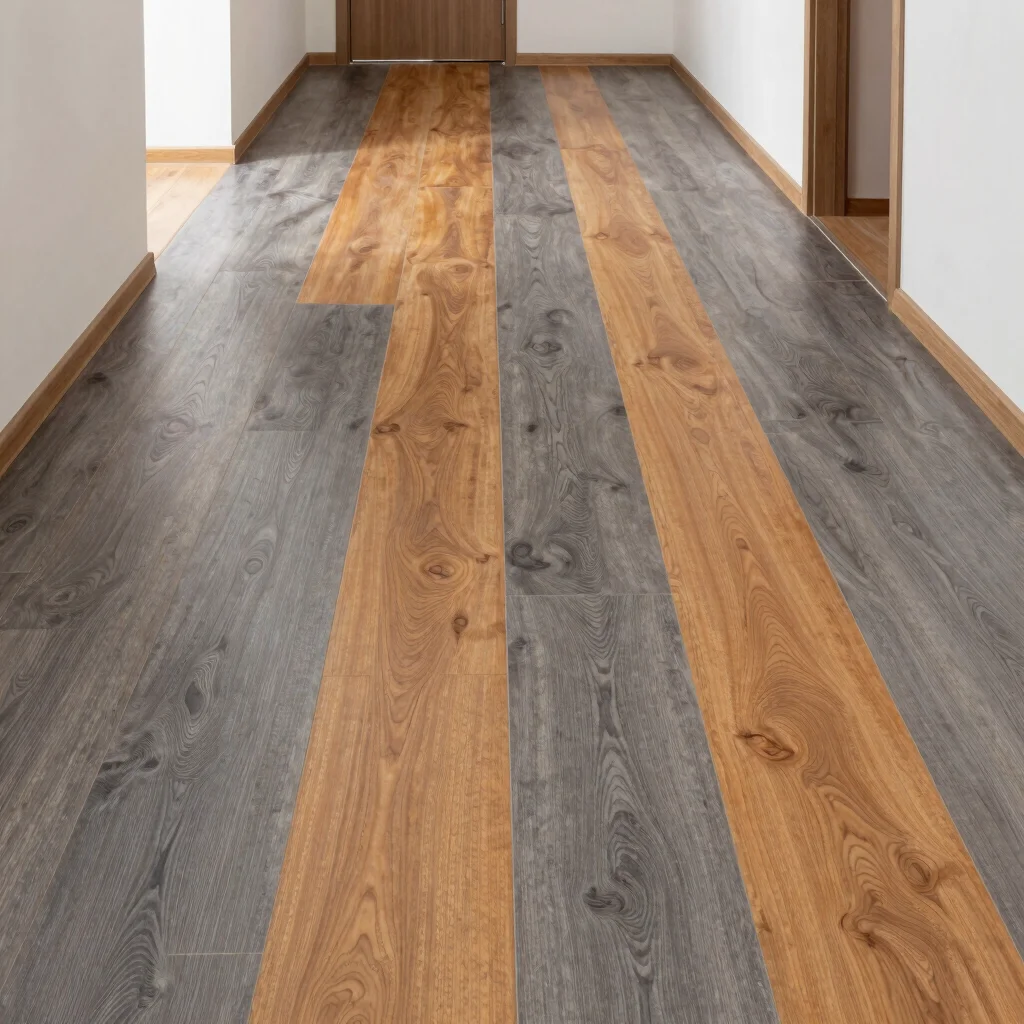 Wide shot of a hallway with new laminate flooring, highlighting i