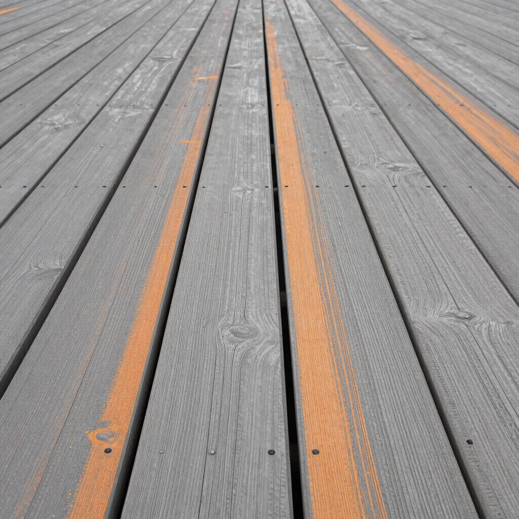 Close-up of timber deck boards, showing grain and secure fastenin