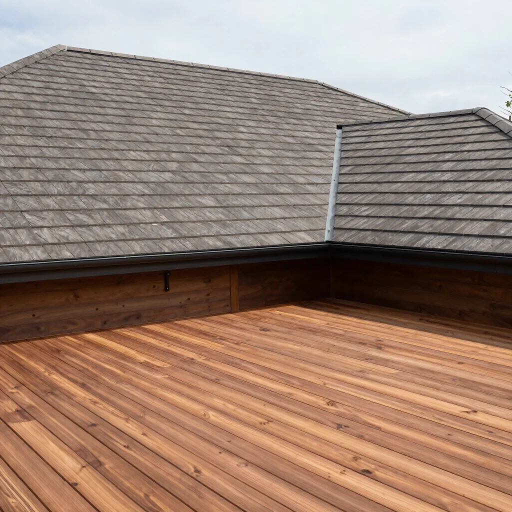 Crisp photo of clean architectural roofing and finished wooden de