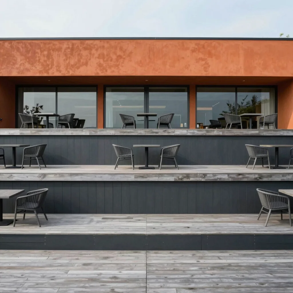 Wide shot of a multi-level deck with outdoor furniture, crisp arc