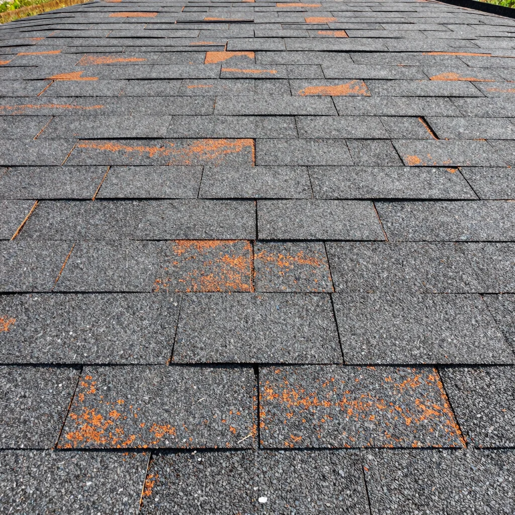 Close-up of new asphalt shingles, showing texture and overlap, di
