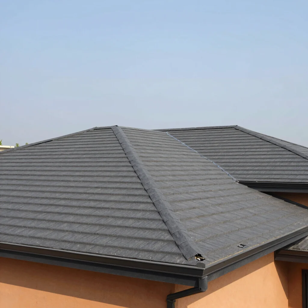 Wide shot of a completed roof on a residential building, highligh