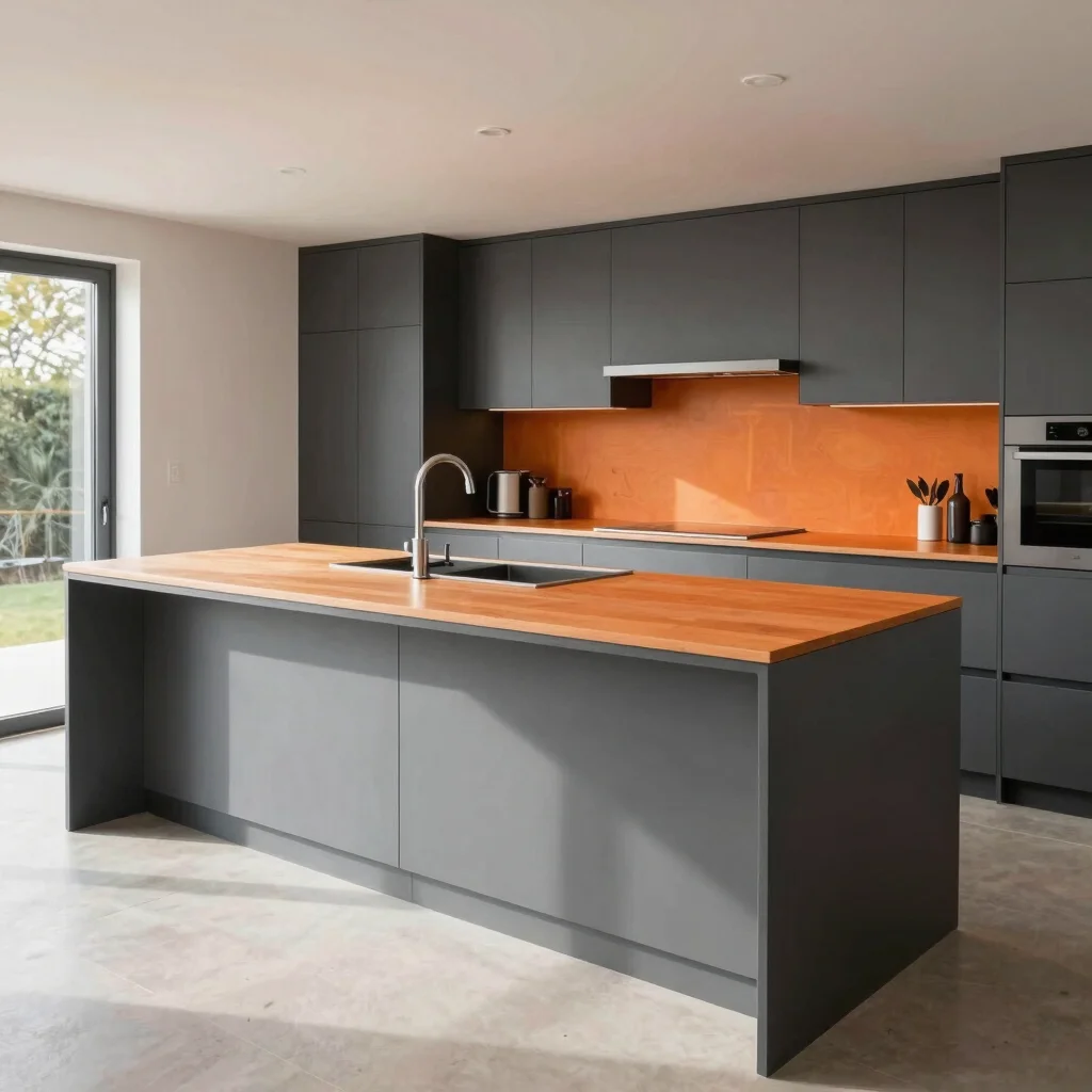 Crisp architectural photograph of a completed kitchen island with