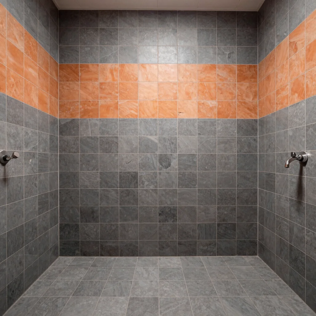 Interior view of a tile bathroom with soft natural light, showcas