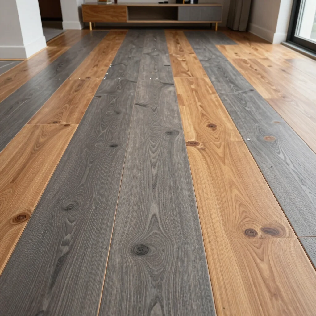 Panoramic view of laminate flooring installation in a modern livi
