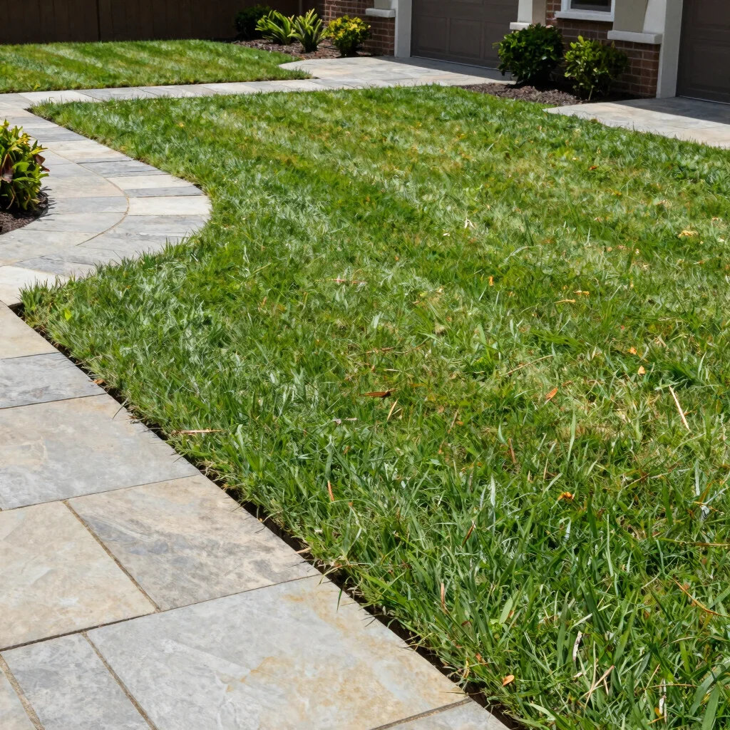 Bright natural daylight view of a manicured residential lawn with
