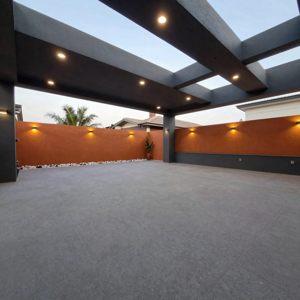 Panoramic view of a newly installed outdoor patio with integrated