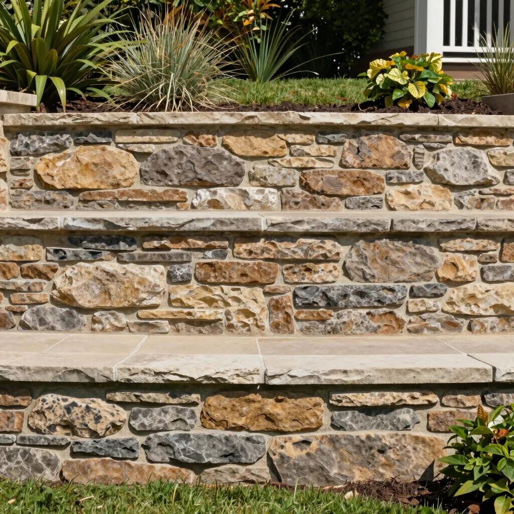 High definition architectural photo of a custom stone retaining w